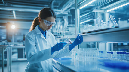 A technologist holding a sample of a pharmaceutical product in a sterile lab