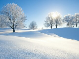 Obraz premium Winter wonderland landscape with snow-covered trees at sunrise in a quiet park