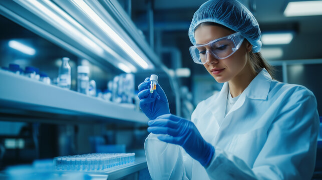 A technologist holding a sample of a pharmaceutical product in a sterile lab