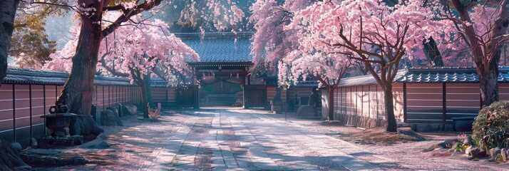 Blooming sakura trees at the gate into traditional Japanese temple. Pink cherry blossoms in spring. Natural wonder