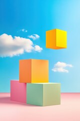 Obraz premium Colorful geometric blocks floating above stack against bright blue sky background