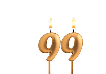 Birthday number 99 - Golden candle on white background