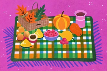 A festive autumn picnic with pumpkins, berries, and fall leaves