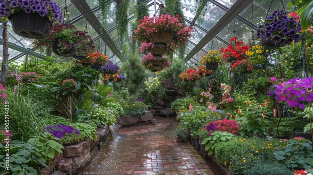 Poster a lush display of colorful flowers hangs from the ceiling of a glasshouse, surrounded by greenery an