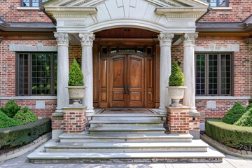 Expensive House Front Door. Elegant Wooden Door with Gabled Portico of Large Suburban Home