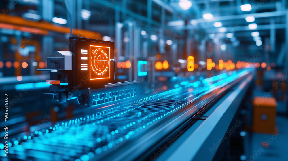Poster a modern manufacturing line with automated systems, highlighted by quality control icons