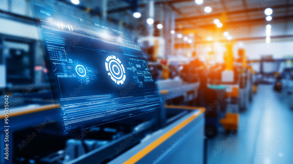 Poster a modern manufacturing line with automated systems, highlighted by quality control icons