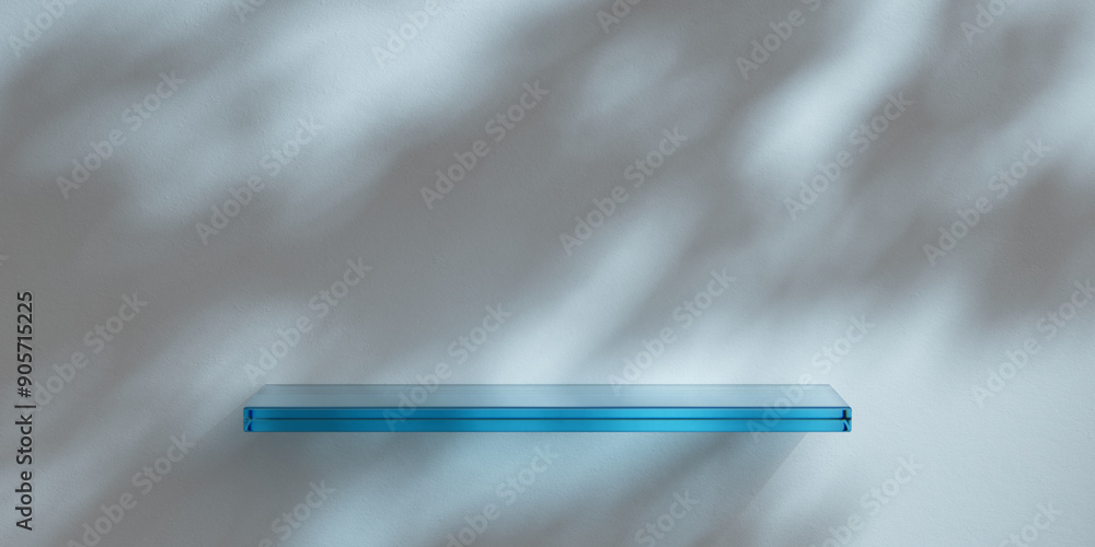 Poster white minimalist wall with glass shelf for product presentation. empty room with shadows of tree lea