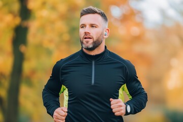 Obraz premium deaf man with hearing aid running in the park
