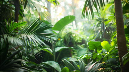 A lush collection of tropical vegetation inside a warm greenhouse, highlighting the beauty of exotic plants and their thriving conditions.