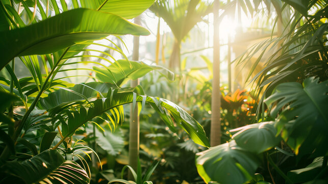 A serene view of lush tropical plants and palm trees thriving in a warm greenhouse environment, showcasing the beauty and diversity of tropical flora.