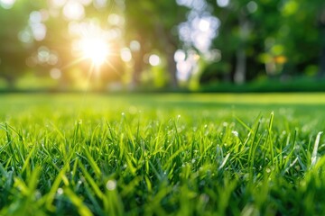 Lawn Low Angle. Close up Green Grass Field with Blurred Park Background and Sunlight