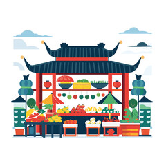 Asian marketplace vegetable fruit shop vivid colors decorative arch traditional roof lanterns various produce display lush greenery bustling market scene rural village stalls isolated white