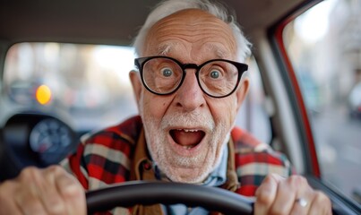 Elderly Man Holding Steering Wheel with a Surprised Face