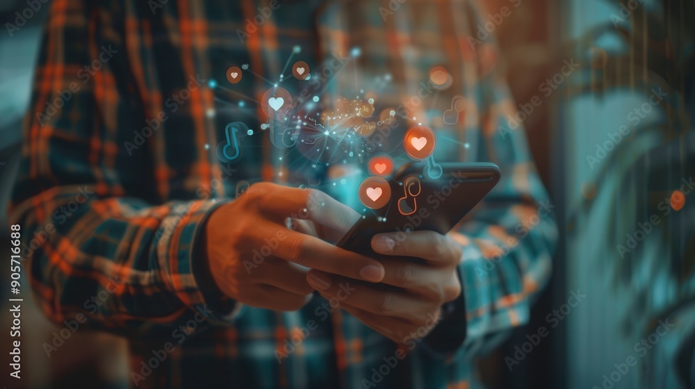 Aufkleber A man interacts with his smartphone, surrounded by floating icons representing likes and social media engagement in a modern indoor environment. Generative AI
