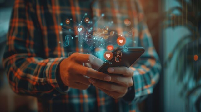 A man interacts with his smartphone, surrounded by floating icons representing likes and social media engagement in a modern indoor environment. Generative AI - Powered by Adobe