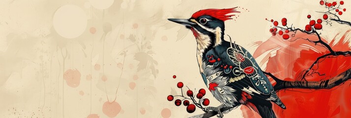 Balandis the month of poetry A banner featuring a whimsical woodpecker adorned with tattoos