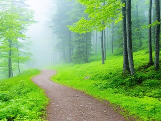 Obraz premium Serene misty forest trail with lush greenery in early morning light