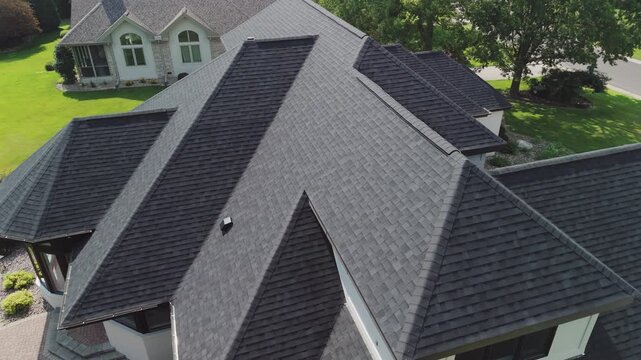 A new roof is installed on a private house. Aerial view