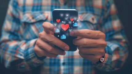 A man interacts with his smartphone, surrounded by floating likes icons, reflecting the impact of social media in contemporary communication. Generative AI