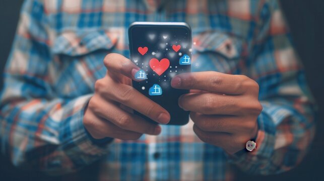 A man interacts with his smartphone, surrounded by floating likes icons, reflecting the impact of social media in contemporary communication. Generative AI