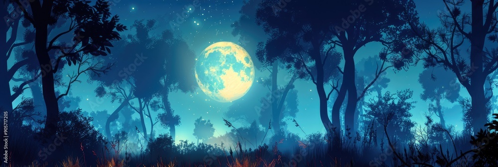 Wall mural A radiant full moon ascends in the evening sky its luminous sphere enveloped by the silhouettes of towering slender trees crafting a tranquil and peaceful nocturnal setting