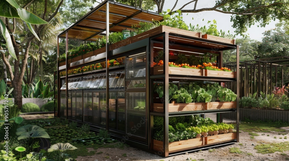 Poster a sleek greenhouse features multiple levels of fresh vegetables and fruits, surrounded by lush green