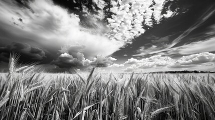Black and White Corn Field. Dramatic Landscape of Wheat Field in Monochrome Tones