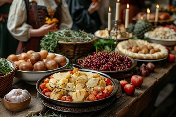 Obraz premium A Vibrant Display of Seasonal Harvest Foods at a Rustic Gathering Table