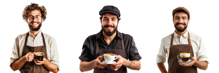 Untitled design - A set of  A cheerful barista holding a cup of freshly brewed coffee
