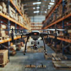 Innovative Industrial Solution: Autonomous Drones Delivering Parts in a Warehouse, Embracing the Concept of Warehouse Automation, Drone Technology, and Industrial Efficiency.