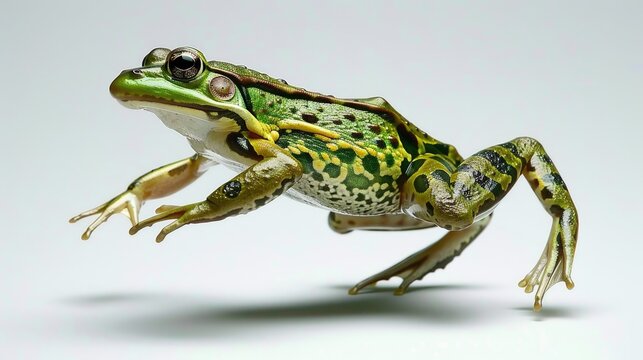 Frog Hopping. Single Green Amphibian Leopard Frog Isolated on White Background