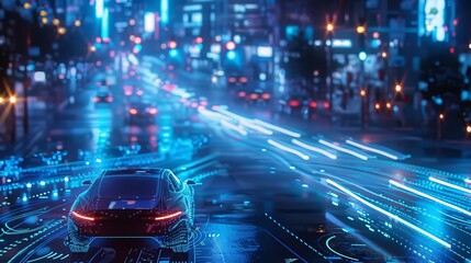 Fototapeta premium A futuristic city street at night with vehicles including a prominent bus, showing dynamic, illuminated digital overlays indicating movement and technology. 