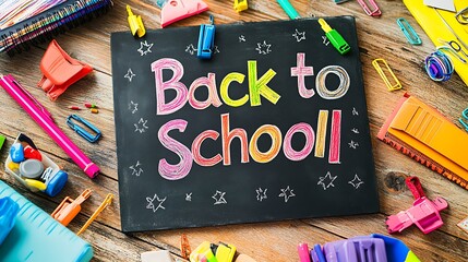 A vibrant and colorful "Back to School" chalkboard surrounded by an array of vibrant school supplies, capturing the excitement and anticipation of a new school year