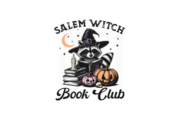 Salem Witch Book Club, Vintage Halloween Raccoon PNG Sublimation T shirt Design