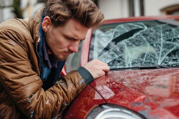 Naklejka premium Man Upset Over Scratches and Dents on His Car Exterior, Checking for Damage and Insurance Coverage