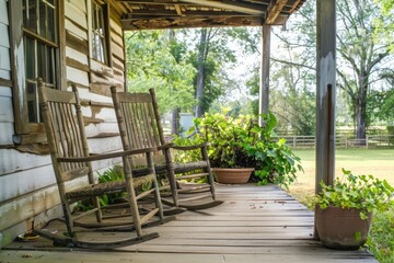 Obraz premium Southern Living: Rocking Chairs on the Porch of a Country Home