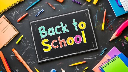 A vibrant and colorful "Back to School" chalkboard surrounded by an array of vibrant school supplies, capturing the excitement and anticipation of a new school year