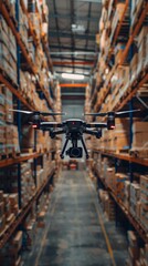 Innovative Industrial Solution: Autonomous Drones Delivering Parts in a Warehouse, Embracing the Concept of Warehouse Automation, Drone Technology, and Industrial Efficiency.