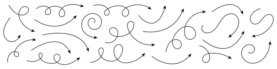 Collection of curved arrows. Set simple curved hand drawn arrows. Collection of pointers.