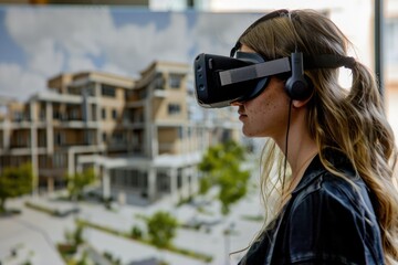 Virtual Reality Tour. Hispanic Architect in her 20s Exploring Simulation with VR Headset