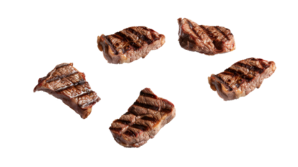 Five Grilled Steak Pieces Floating on a white Background, Png