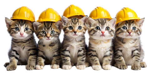 Five Kittens in Yellow Hard Hats - Construction Crew Ready for Work