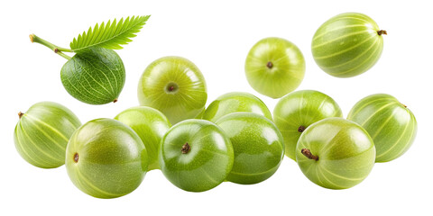 Fresh Green Gooseberries with Leaf on Black Background