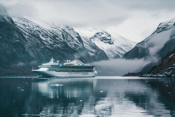 Alaska Cruise Ship. Snowy Mountains and Serene Waters Landscape for Winter Cruise