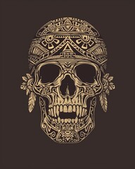 Fototapeta premium Aztec Skull. Tribal Art Illustration of Scary Skeleton Head with Bones