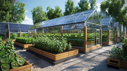 Obraz premium Modern greenhouses filled with vibrant plants are bathed in sunlight, complemented by solar panels in a sustainable setting.