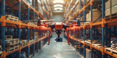 Innovative Industrial Solution: Autonomous Drones Delivering Parts in a Warehouse, Embracing the Concept of Warehouse Automation, Drone Technology, and Industrial Efficiency.