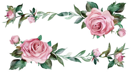 Watercolor Pink Roses Frame with Green Leaves on Black Background