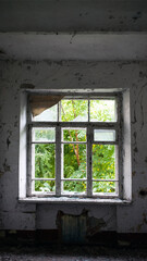 Fototapeta premium old abandoned premises, ruin. empty territories, abandoned houses. concept of war, Chernobyl disaster, apocalypse. brick buildings. sad view, heavy atmosphere. desolation and destruction of the abode